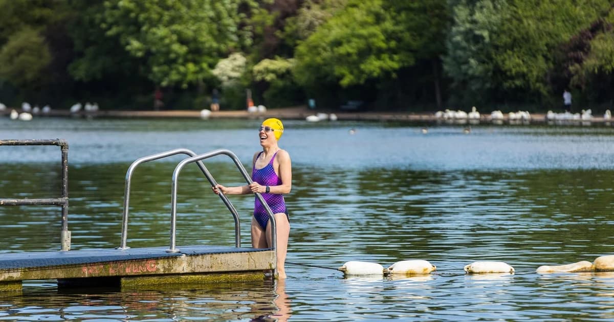 A swimmer in calm open water in a city park at dawn